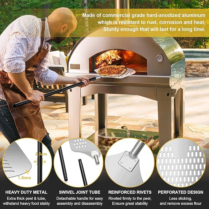 12 Inch Perforated Pizza Peel Aluminum Pizzas Spatula, Joyfair Metal Pizza Paddle with Rocker Cutter Pizza Oven Accessories Turning Tool Set, 38.5”- 49” Long Detachable Handles (Painted Handle)