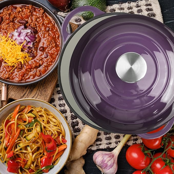 4 Quart Dutch Oven Enameled Cast Iron with Lid - Big Dual Handles - Oven Safe up to 500°F - Classic Round Pot for Versatile Cooking Purple