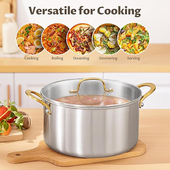BEZIA 10 Quart 3-Ply Stainless Steel Stockpot, Soup Pot with Lid in Fully Clad Tri-Ply Stainless Steel, Even Heat Distribution, Cooking Pot with Handles, All Cooktops Compatible, Perfect for Stew