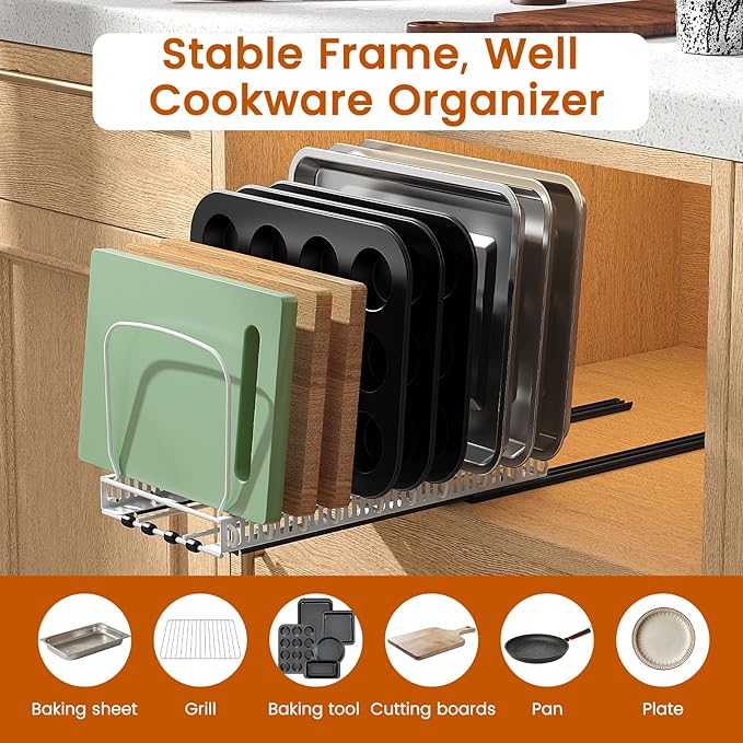 Housolution 1 Pack Baking Tray and Cookie Sheet Organizer, Cutting Board Organizer with 2 Using Methods, Bakeware Muffin Tin Storage Rack with 10 Adjustable Dividers for Cabinet, White