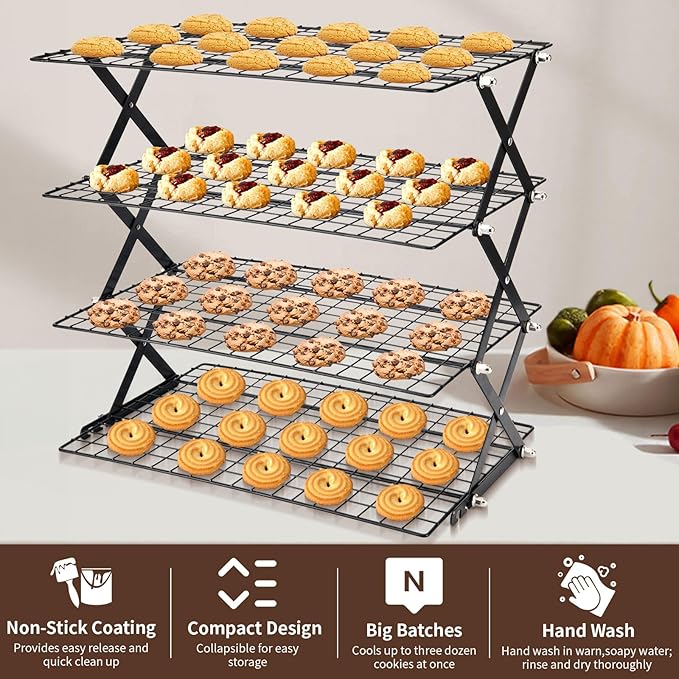 2/3/4-Tier collapsible cooling rack for baking,Folding Cooling Grid,Adjustable Stackable Roasting Cooking Drying Wire Cooling Rack for Cookies Baking
