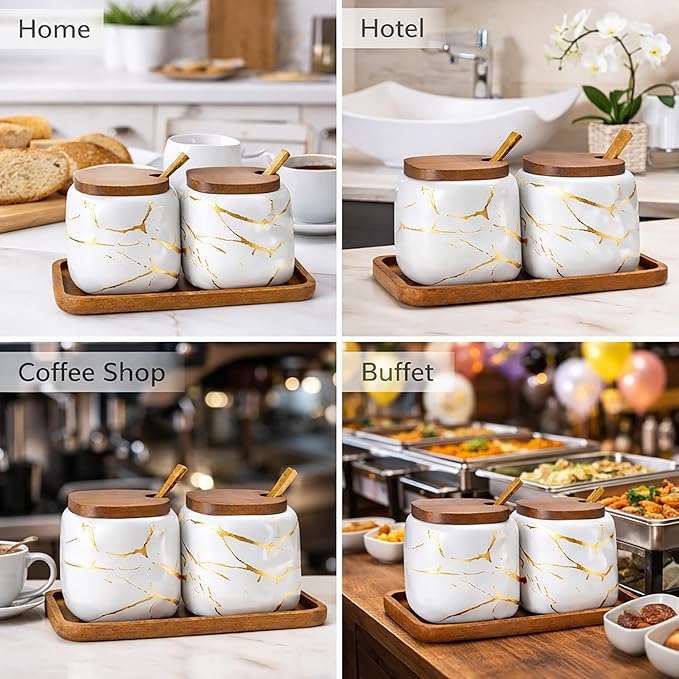 2 Sets of Marble Ceramic Seasoning Jars Ceramic Sugar Bowl with Lids，Tray and Spoons (white)