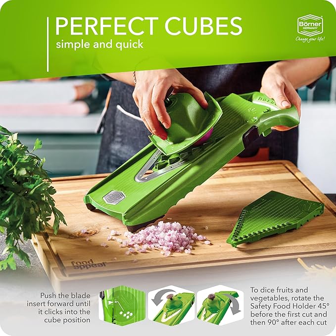 Mandoline Food Slicer Börner V5 (Starter Set) by Reston Lloyd • V-Slicer with Food Holder • Made in Germany • Fruit & Vegetable Chopper • Multiple Settings • Color: Lime