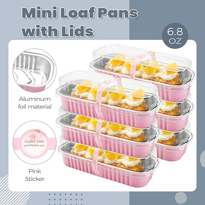 100 Pack Mini Loaf Pans with Lids Rectangle Individual Cake Pans Aluminum Foil Pans for Large Gatherings Picnics Vacations Parties(Pink, 6.8 OZ)
