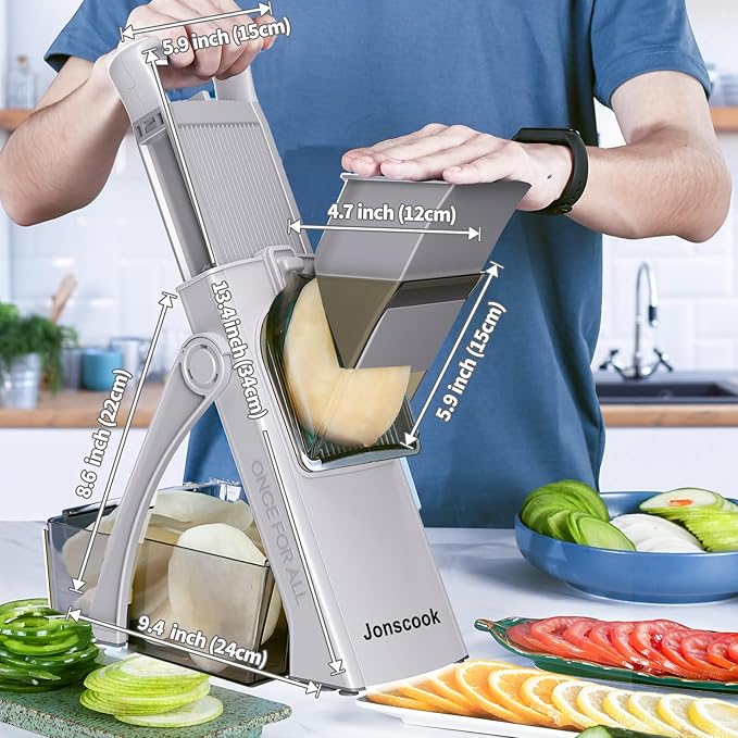 All-in-1 Upgraded Safe Mandoline Slicer for Kitchen, with Handheld Spiralizer, Food Chopper with Container, Thickness Adjustable Vegetable Chopper, Potato French Fry Cutter (High-grade Gray)