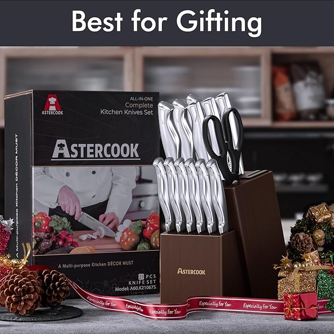 Knife Set, Astercook 15 Pieces Kitchen Knife Set with Built-in Sharpener, German Stainless Steel Knife Block Set, Razor-Sharp Knives with Full-tang Handle, Dishwasher Safe, Valentine's Gift
