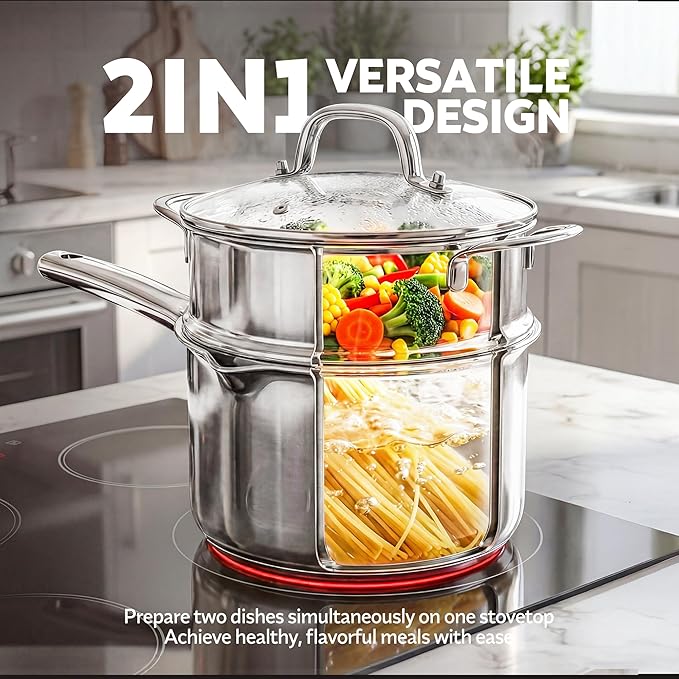 2-in-1 Tri-Ply Steamer & Saucepan Set - 2.5 Qt Stainless Steel Sauce Pan with Pour Spouts, Steamer Insert & Strainer Glass Lid - Compatible with All Stovetops Including Induction