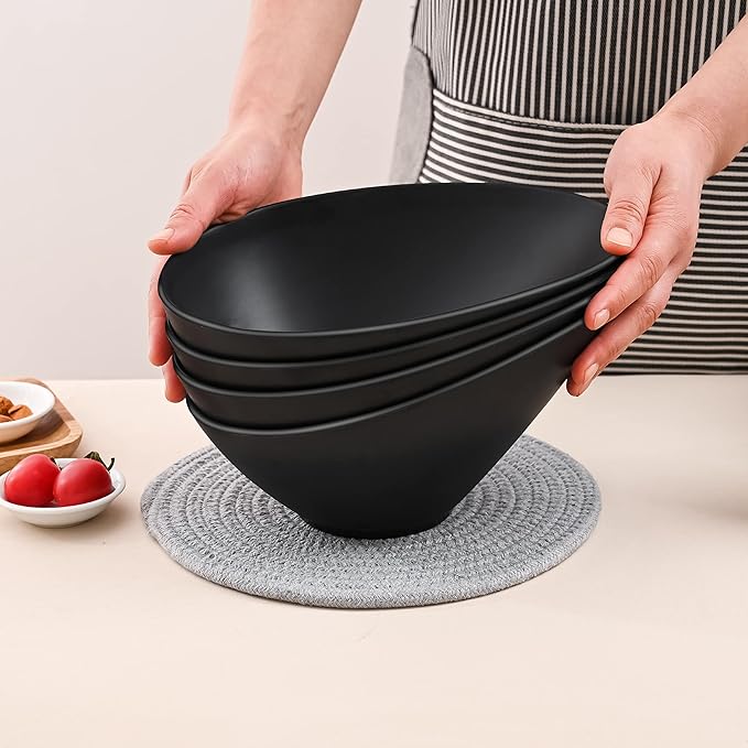 Bamboo Fiber Salad Bowls, 4 Packs Compostable 33 Ounce Elegant Black Angled Bowls for Salad, Pasta, Soup, Prep, Ideal for Home and Restaurant