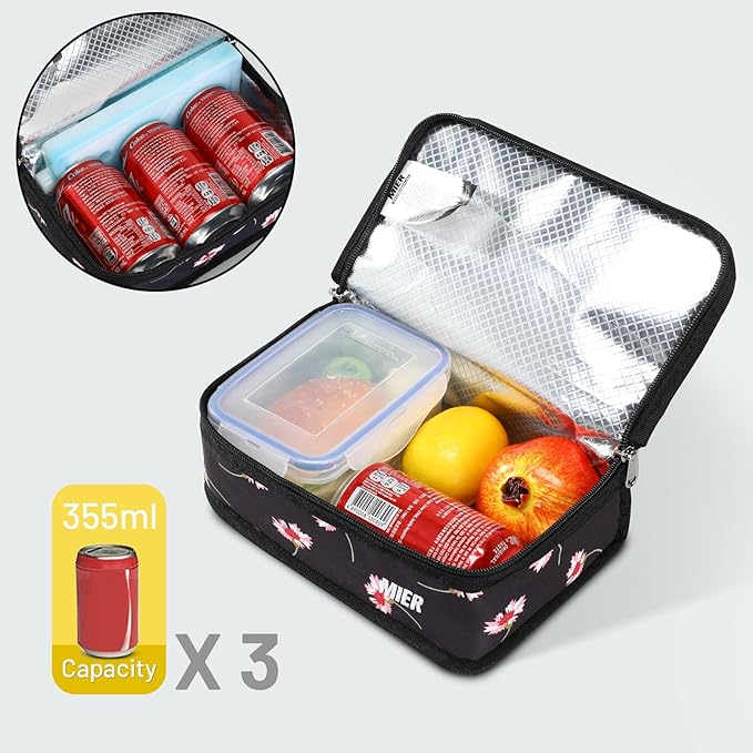 MIER Small Lunch Bag for Kids & Adults Compact Insulated Lunch Box Portable Thermal Mini Cooler for Work School Travel (Black Floral)