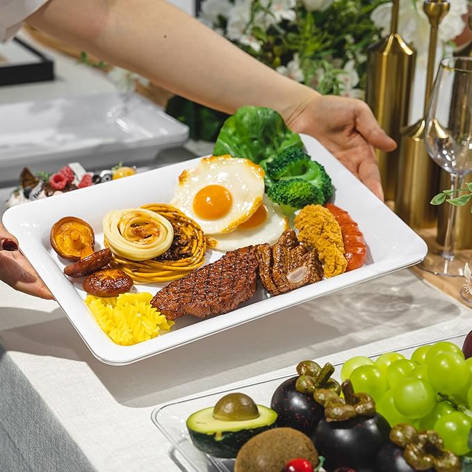 6-Pack 14" x 9" White Large Plastic Serving Trays, Reusable Serving Platters for Dessert, Fruit, Snacks, Cookies, Heavy Duty Food Serving Tray for Kitchen, Party