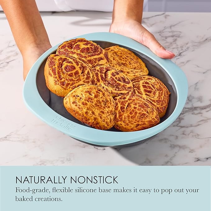 Chicago Metallic Silicone Round Cake Pan, 8-Inch Flexible Nonstick Bakeware with Wire-Reinforced Rim, BPA-Free Food-Grade Silicone, Oven Safe to 428F, Dishwasher Safe, Easy Cake Release