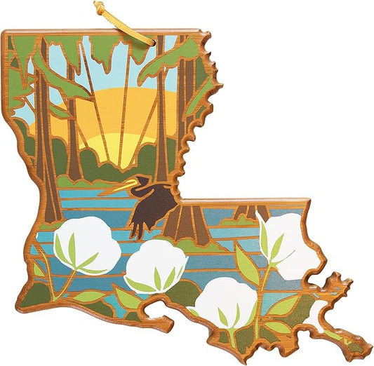 Totally Bamboo Louisiana State Shaped Cutting Board and Charcuterie Serving Platter with Artwork by Summer Stokes, Includes Hang Tie for Wall Display