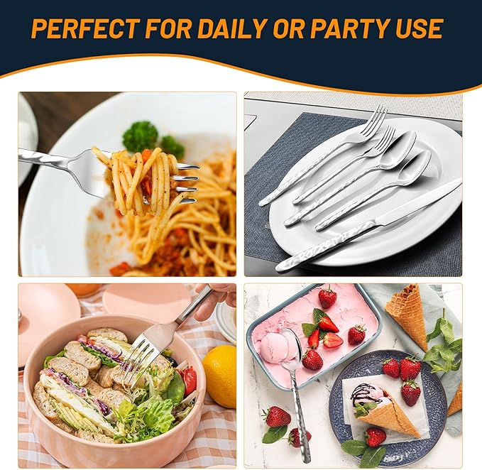 60 Piece Silverware Set for 12, Food-Grade Stainless Steel Utensils Set,Wave Style Design & Mirror Polished - Dishwasher Safe