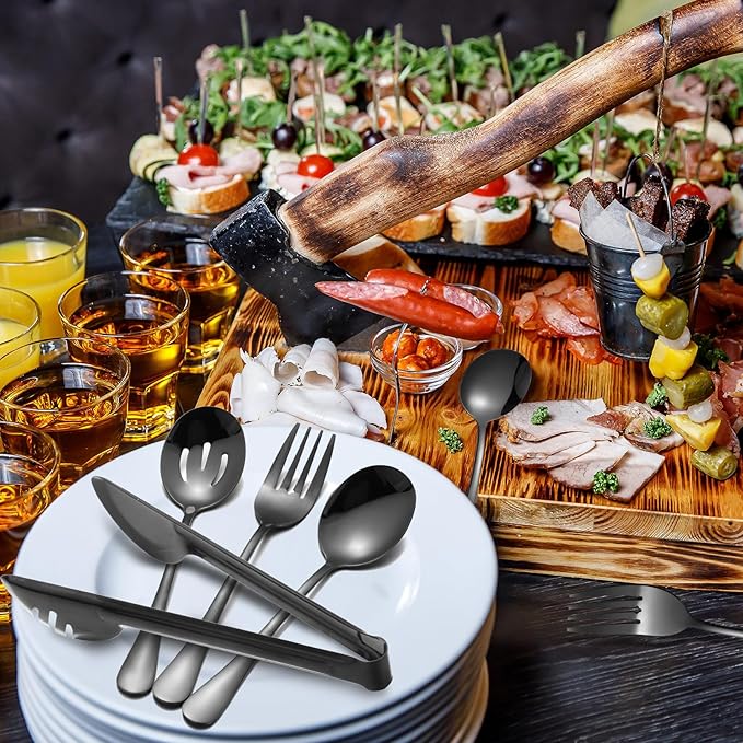 Patelai 15 Pcs Black Stainless Steel Serving Utensils Set 8.7" Large Spoons and Slotted Spoon 9.45" Tong 9" Forks Flatware Wedding Valentine's Day Holiday Party Buffet Banquet Cooking Kitchen Catering