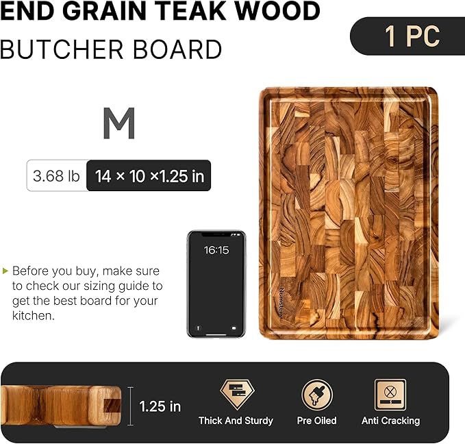 Teak Wood End Grain Cutting Board for Kitchen with Non-slip Feet, Heavy Duty Checkered Cutting Board Handcrafted Luxury Chopping Board for Cooking and Serving Wooden Butcher Block Non Toxic