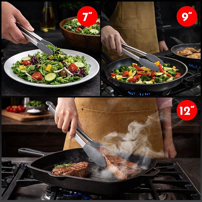 Kitchen Tongs with Silicone Tips Set of 3 Heat Resistant Tongs for Serving Food, 7-Inch, 9-Inch, 12-Inch Locking Silicone Tongs for Cooking, Salad Tong, Grey Kitchen Utensils