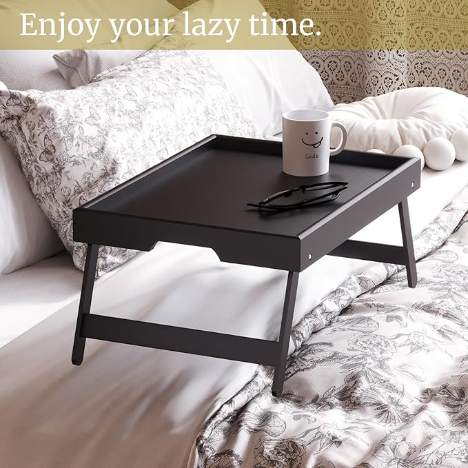 3 Pack Bamboo Bed Tray Table with Folding Legs,Breakfast Trays,Serving Tray,Laptop Tray for Working,Food Snack Tray for Bed and Sofa(Black)