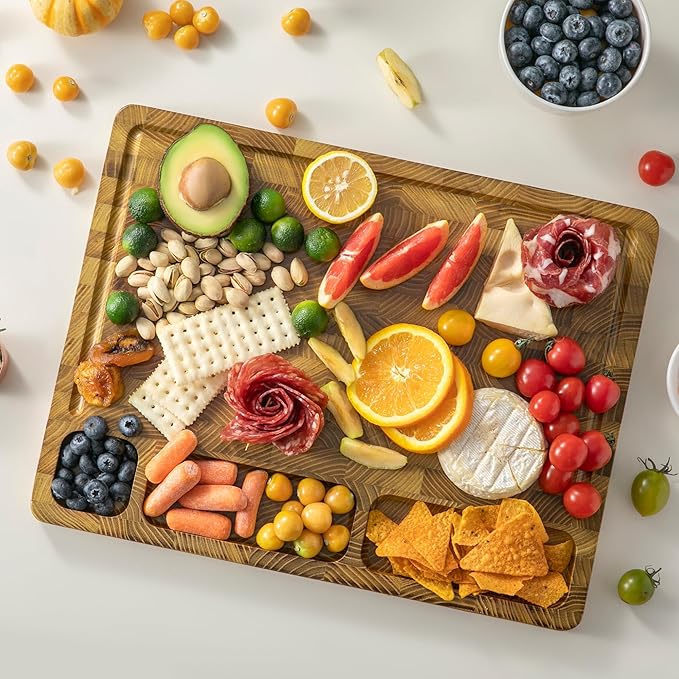 Teak Wood Cutting Boards for Kitchen, Large Charcuterie Board with Handle, 1" Thick Butcher Block, End Grain Cutting Board, Reversible Wooden Chopping Board for Meal Prep & Serving, 17"×13"