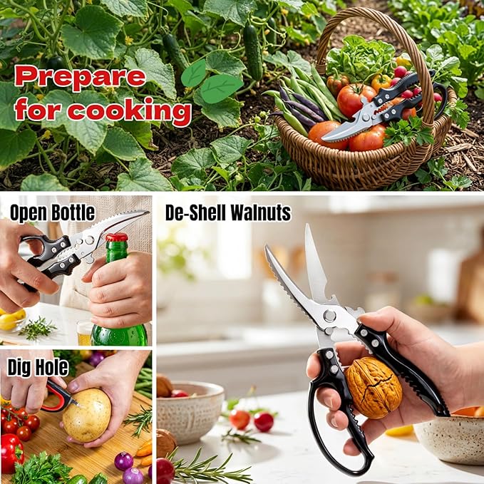Heavy Duty Kitchen Shears - Ultra Sharp All Purpose Food Scissors for Cutting Chicken Bones, Meat & Vegetables, Multi-Function Stainless Steel Cooking Shears (Black)