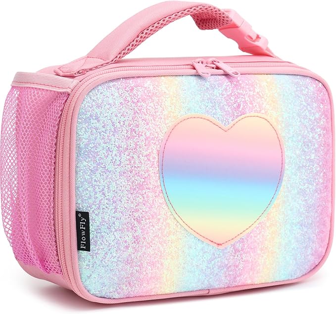 FlowFly Kids Lunch box Insulated Soft Bag Mini Cooler Back to School Thermal Meal Tote Kit for Girls, Boys, Glitter-RainBow