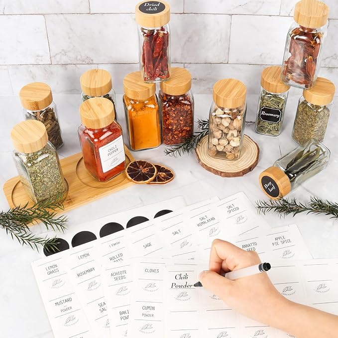 Keketin 6 oz Glass Spice Jars with Bamboo Lids, 24 Pack Empty Seasoning Bottles with Airtight Shaker Lids and Labels