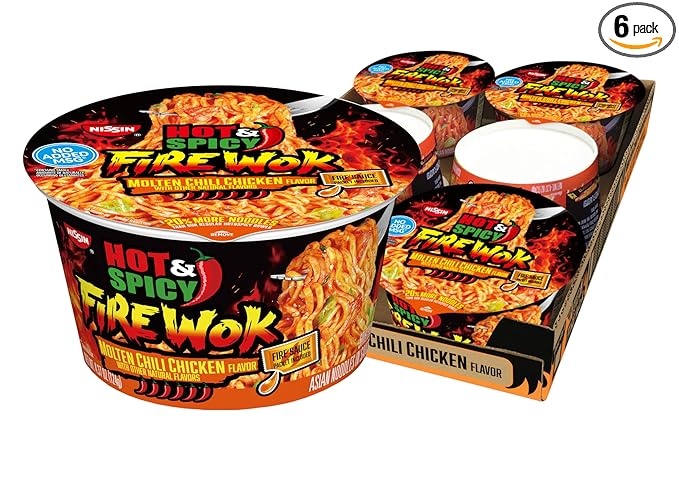 Nissin Hot & Spicy Fire Wok, Molten Chili Chicken, 4.37 Ounce (Pack of 6)