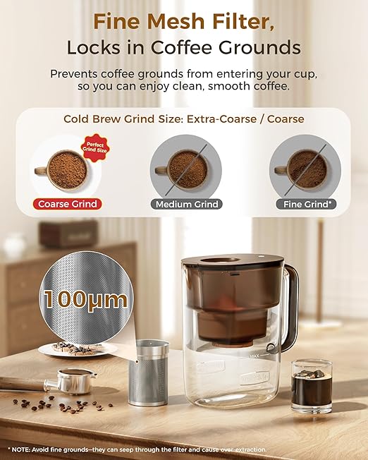 Waterdrop Cold Brew Coffee Maker with 1 Magnesium Water Filter for Well-Balanced Acidity, Unlocks Aroma, BPA-Free Cold Brew Pitcher, Stainless Steel Filter for Iced Coffee, Tea, Lemonade, Brown