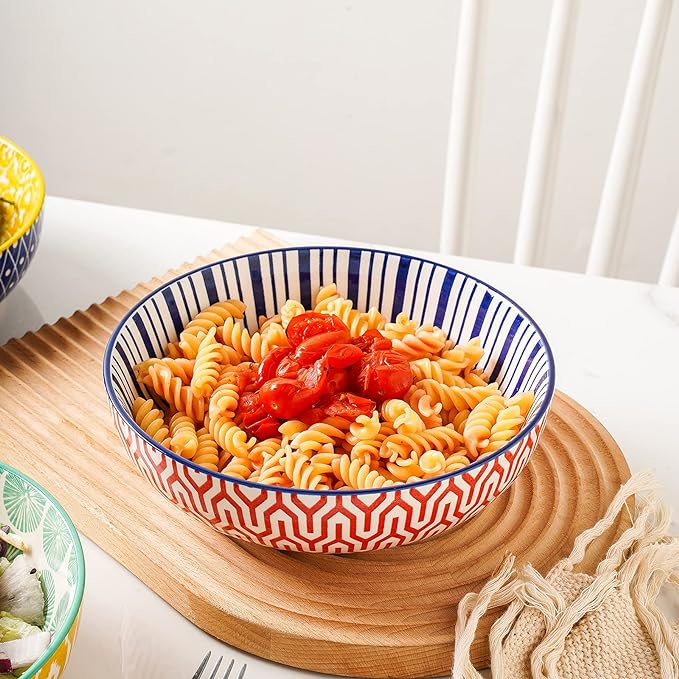 Selamica Ceramic 30 Ounce Large Pasta Bowls Set of 4, 8 inch Salad Bowl Wide and Shallow Microwave Dishwasher Safe, Assorted Corlors