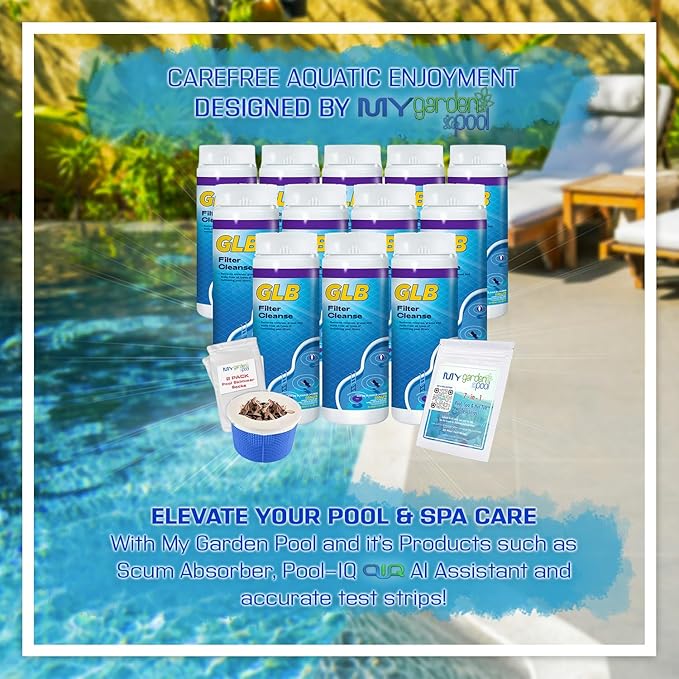 GLB Filter Cleanse 2lb (71006A) 12-Pack with My Garden Pool 7-in-1 Test Strips & 2 Skimmer Socks – Professional Powder Formula for Filter Care