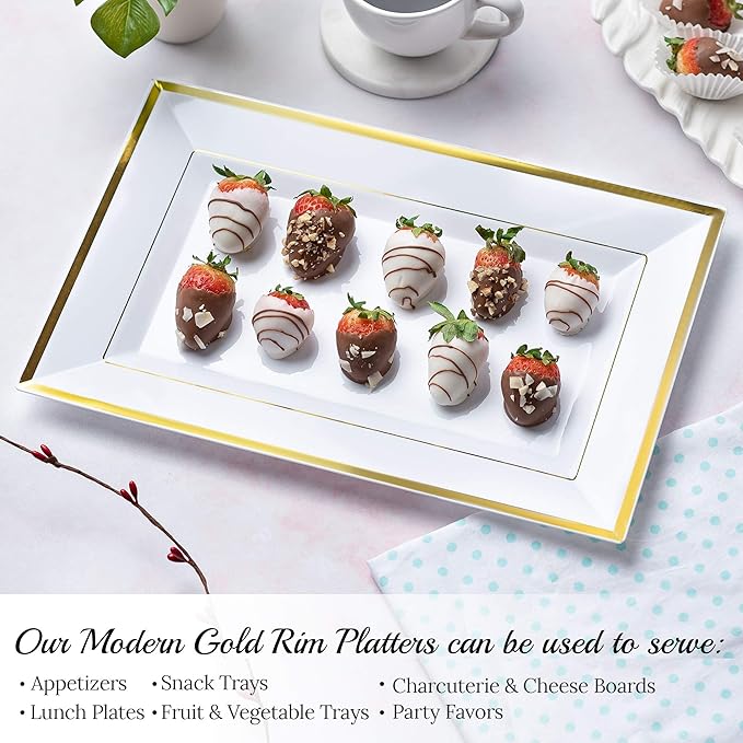 Elegant Plastic Serving Tray & Platter Set (6pk) - White & Gold Rim Disposable Serving Trays & Platters for Food - Weddings, Upscale Parties, Dessert Table, Cupcakes - 8 x 12.85 inches