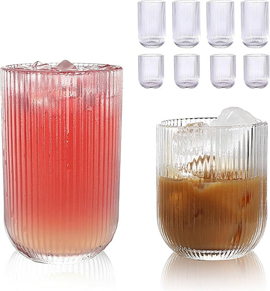 Set of 8 Ribbed Glassware,4 Highball Glasses 14oz & 4 Rocks Drinking Glasses 9oz, Clear, Origami Style, Fluted Design, for Milk, Water, Cocktail, Juice, Beer, ToothBrush Cup, Gift