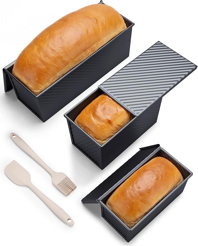 CARTMAN 3-Piece Pullman Loaf Pan with Lid Set – Non-Stick Carbon Steel Bread Pan with Bottom Vents – Includes Large (12.4"), Medium (8.2") & Mini (6.3") Sizes plus Silicone Tools – Classic Black