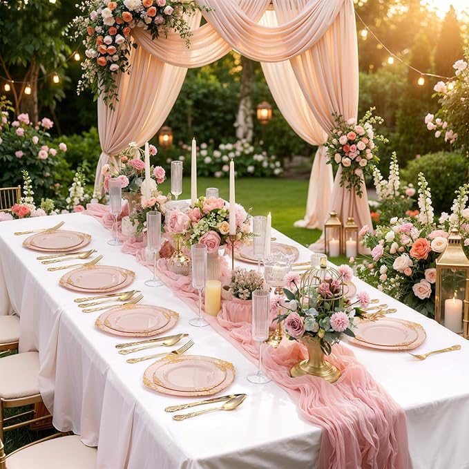 200PCS Pink and Gold Plates - Pink Plastic Plates - Fancy Disposable Plate with Gold Rim - Vintage Wedding Dinner & Dessert Plate Easter for 100 Guests for Wedding & Bridal Shower