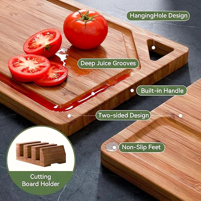 Bamboo Cutting Boards for Kitchen, Wood Cutting Boards with Deep Juice Grooves, 3-Pack Bamboo Cutting Board Set with Holder, Chopping Board & Charcuterie Board for Meal Prep & Serving