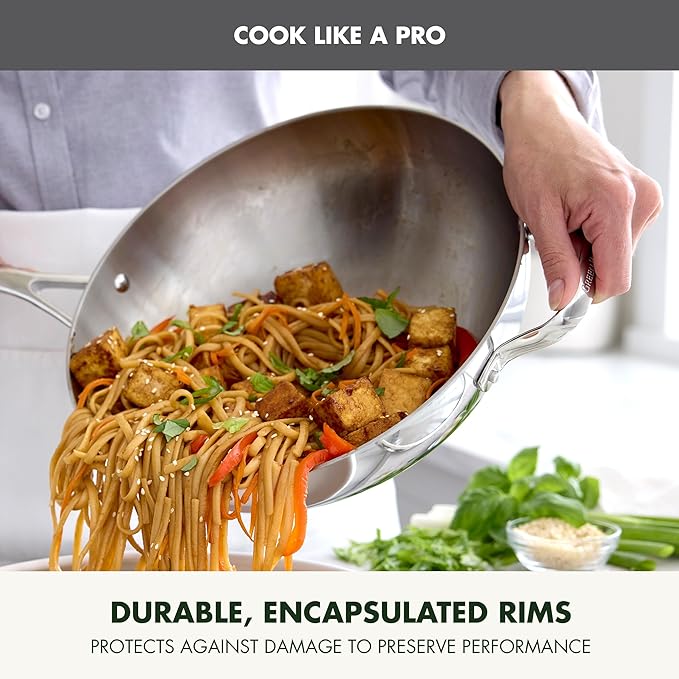 GreenPan Valencia Pro Tri-Ply Stainless Steel 12" Wok Pan with Lid, Induction Ready Cookware, All Cooktops, Sauce Pot, Mirror Finish, Dishwasher & Oven/Broiler Safe to 600F