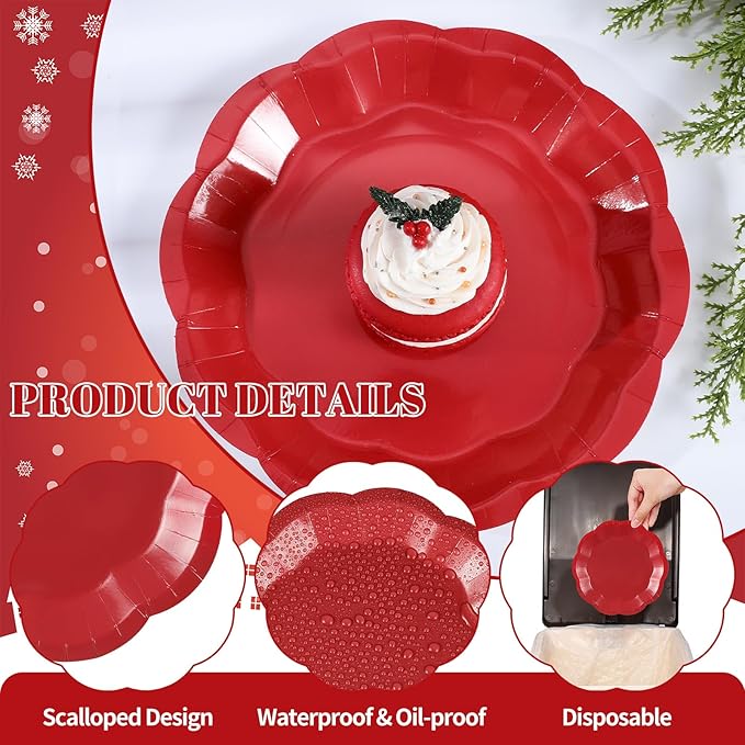 30 Pcs Red Paper Plates 7 Inch Red Scalloped Paper Plates Dessert Cake Plate for Mother's Day, Wedding, Birthday, Baby Shower, Bridal Shower