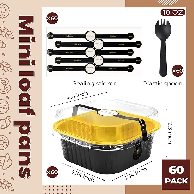 60 pack Mini Cake Pans with Lids Foil Pans Square Aluminum Pans with Lids Cupcake Liners for Birthday Wedding Party Gift (Black Gold, 10 oz)