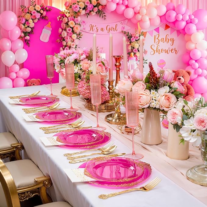 102PCS Clear Hot Pink Plastic Plates - Pink Disposable Plate with Gold Rim - Hot Pink Party Plates Easter Include 51PCS 7.5inch Dessert & 10.25inch Dinner Plate for Wedding Birthday Party
