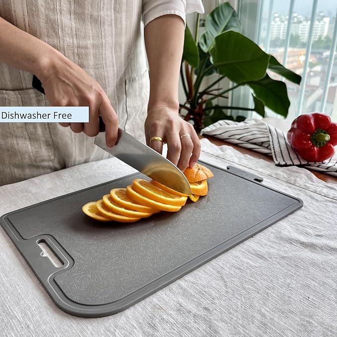 Korean Made Thick Silicone Double-Sided Usable Cutting Board 14.3" x 9.7" Foldable Design Drip Groove Grip Handle Dishwasher Safe Gray Color 1PCS Gift for Mom (Gray) Stocking Stuffer