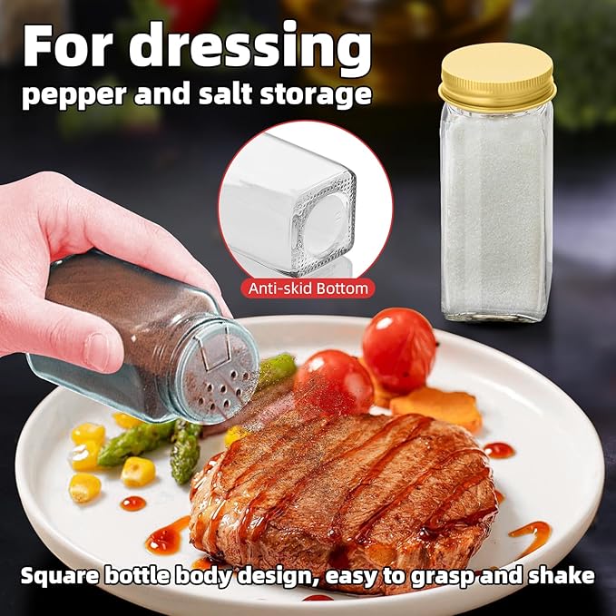 2Pcs 4oz Glass Spice Jars with Shaker Lids, Spice Jars Trial Set & Supplement Set, Empty Spice Containers and Square Spice Bottles for Kitchen (Gold iron Lids)