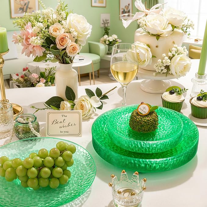 Rubtlamp 60Pcs Green Plastic Plates, Heavy Duty Easter Plates With Hammered Design, Green Party Disposable Plate Include 30 Dinner Plate, 30 Salad Platos, Fancy Plastic Platos For Easter Spring