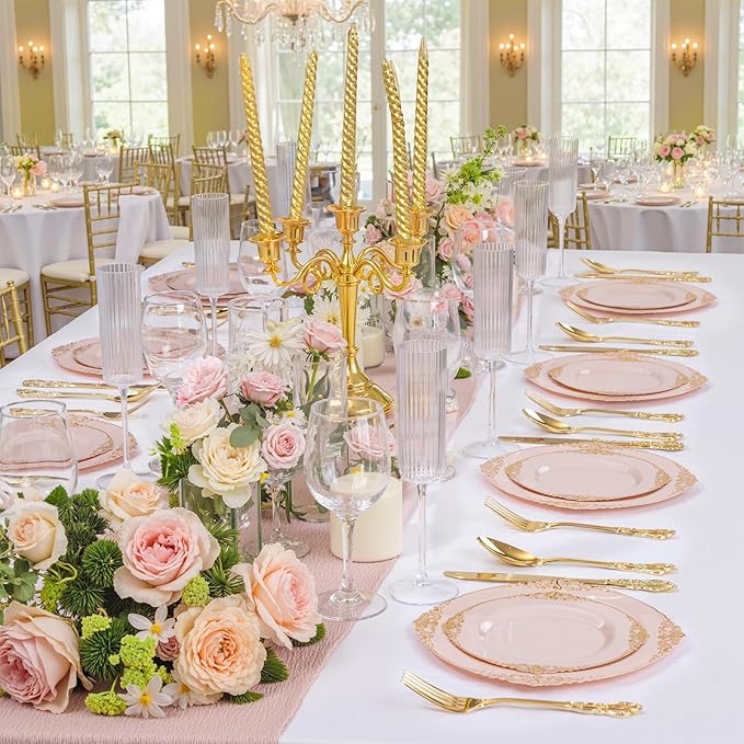 200PCS Pink and Gold Plates - Pink Plastic Plates - Fancy Disposable Plate with Gold Rim - Vintage Wedding Dinner & Dessert Plate Easter for 100 Guests for Wedding & Bridal Shower