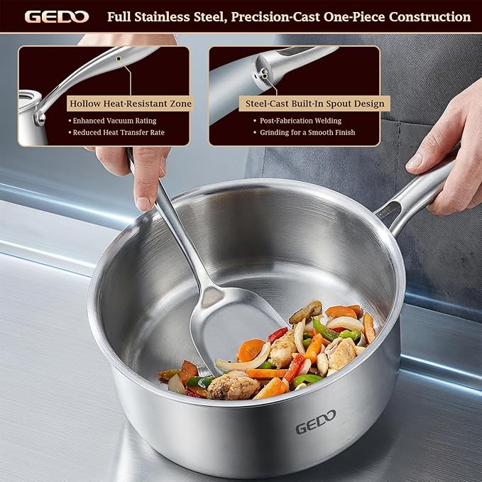 GEDO 3-Ply 304 Stainless Steel Saucepan with Lid, One-Piece Rivet-Free & Seamless Design, Angled Spout & Heat-Resistant Handle, Universal Stovetop Compatible for Indoor Cooking (6.3in / 16cm Size)
