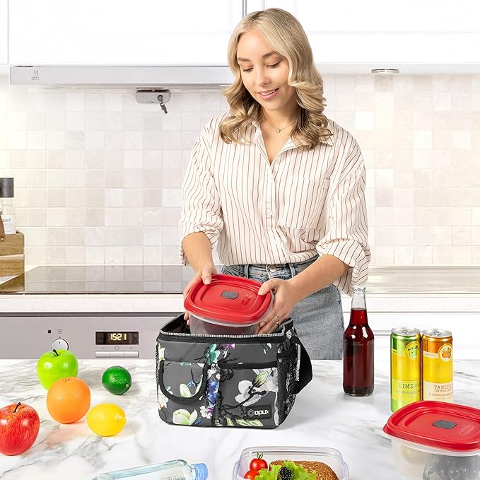 opux Insulated Lunch Bag for Men Women, Leakproof Floral Grey Lunch Box for Work, Portable Soft Lunch Cooler Bag with Shoulder Strap, Adult Lunchbox Lunch Pail for Kid Boy Girl School, 14 Can/8L