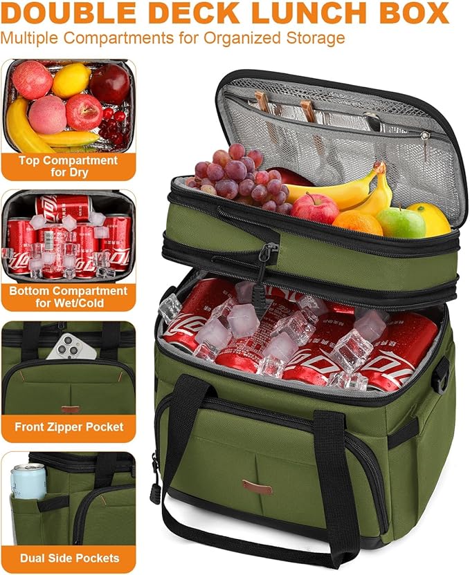 Lunch Box For Men Women Double Deck Insulated Lunch Bag For Men Woman Leakproof Expandable Cooler Bag with Adjustable Shoulder Strap for Kids Shool Work Picnic Camping(Green,Large)