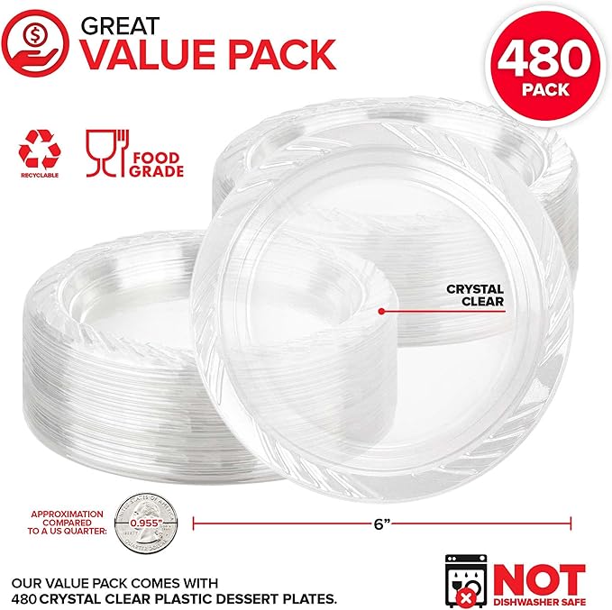 Stock Your Home 6-Inch Clear Plastic Dessert Plates (480 Pack) Flexible Disposable Clear Plates for Dessert & Appetizers, Crystal Clear Small Plates for Parties & Catering, Clear Plastic Party Plates