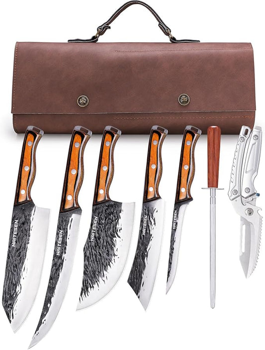 7PCS Hand Forged Butcher Knife and Kitchen Knife 2 in 1 Set with Roll Bag, Heavy Duty Meat Cleaver Serbian Chef Knife Breaking Knife Boning Knife for Meat Cutting BBQ Gifts for Men Women
