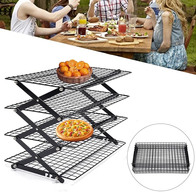 4-Tier Collapsible Cooling Rack, Adjustable Stackable Roasting Cooking Drying Wire, Barbecue Storage Display Shelf for Cookies Baking Picnic Party