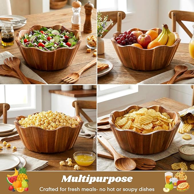 2 Pcs Scalloped Decorative Wooden Bowl 12 Inch Acacia Wood Fruit & Serving Bowl Handcrafted Rustic Decorative Bowls for Fruit, Salad, Snacks and Home Kitchen Counter Decor Wedding Decor