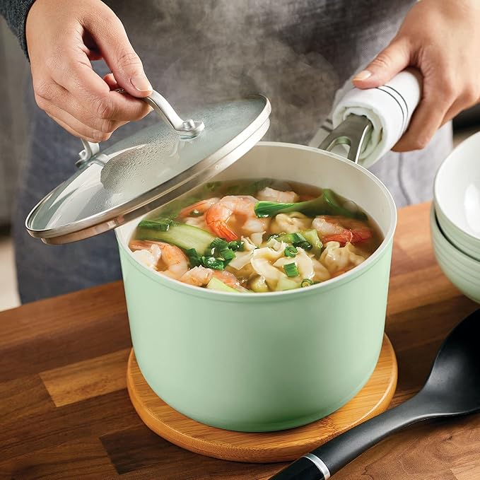 KitchenAid Hard Anodized Ceramic Nonstick Cookware Sauce Pan with Lid, 3 Quart - Pistachio
